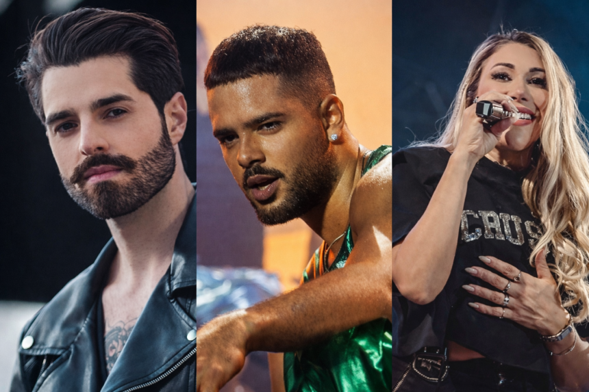 Montagem com os artistas Alok, Pedro Sampaio e Taty Girl, anunciados entre as primeiras atrações do Carnaval de Aquiraz 2026.