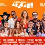Arte promocional do Carnaval do Aracati 2026 com fotos de artistas como Daniela Mercury, Léo Santana, Vintage Culture, Melody e Natanzinho Lima, destacando datas e identidade visual do evento.