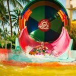 Visitantes descem a atração Surreal no Aqua Park, montanha-russa aquática com 28 metros de altura, cercada por palmeiras no Beach Park, em Aquiraz.