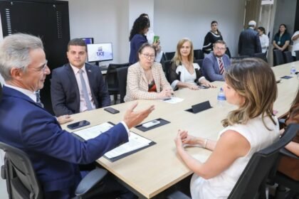 Autoridades e representantes de instituições sentados em mesa de reunião no Tribunal de Justiça do Ceará durante encontro para formalizar parceria sobre entrega voluntária para adoção.