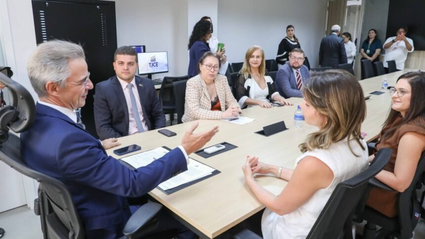 Autoridades e representantes de instituições sentados em mesa de reunião no Tribunal de Justiça do Ceará durante encontro para formalizar parceria sobre entrega voluntária para adoção.