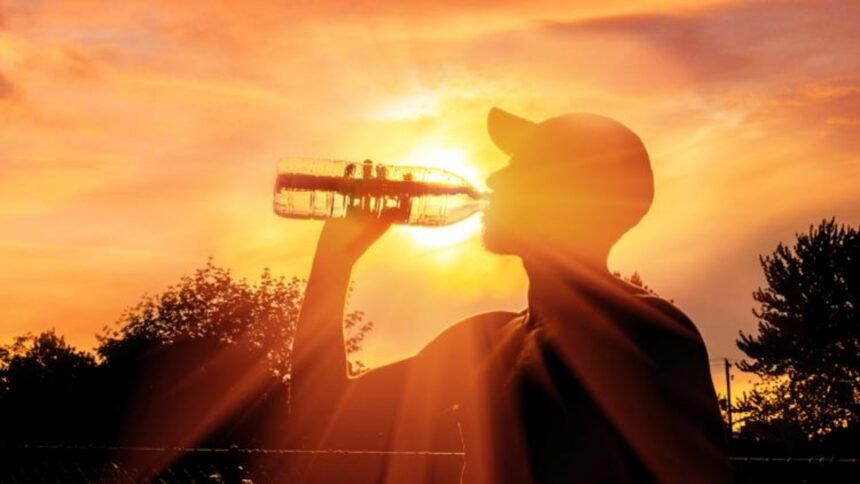 Silhueta de uma pessoa bebendo água sob o sol forte ao entardecer, com luz intensa e céu alaranjado, simbolizando o aumento das temperaturas e os efeitos do calor extremo.
