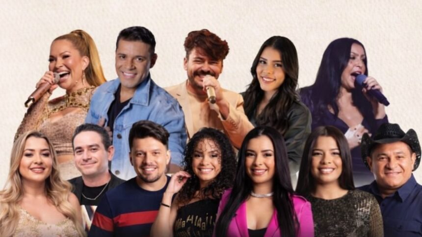 Montagem com artistas que se apresentam nos 42 anos de Icapuí, reunindo cantores e bandas da programação oficial da semana festiva entre 17 e 22 de janeiro.