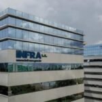 Prédio moderno da sede da Infra S.A., com fachada de vidro e logotipo da empresa, em área urbana de Brasília, sob céu nublado.