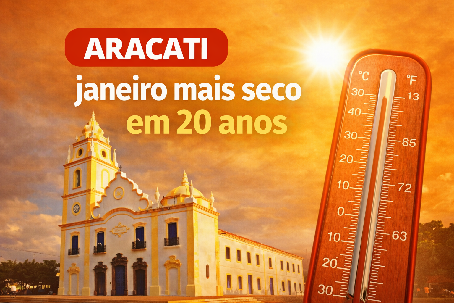 Igreja Matriz de Aracati sob sol intenso, simbolizando o janeiro mais seco em 20 anos no município, segundo dados da Funceme.