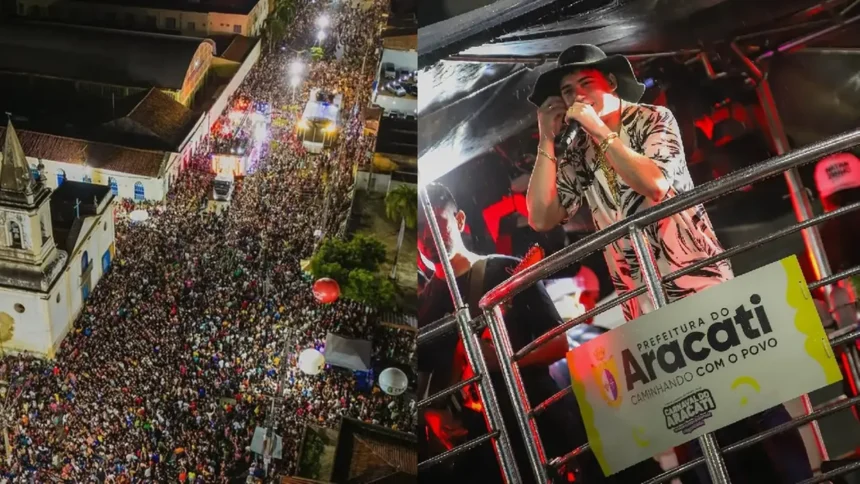 Público lota o corredor da folia no Carnaval de Aracati, que em 2026 terá 44 atrações distribuídas em oito dias de programação.