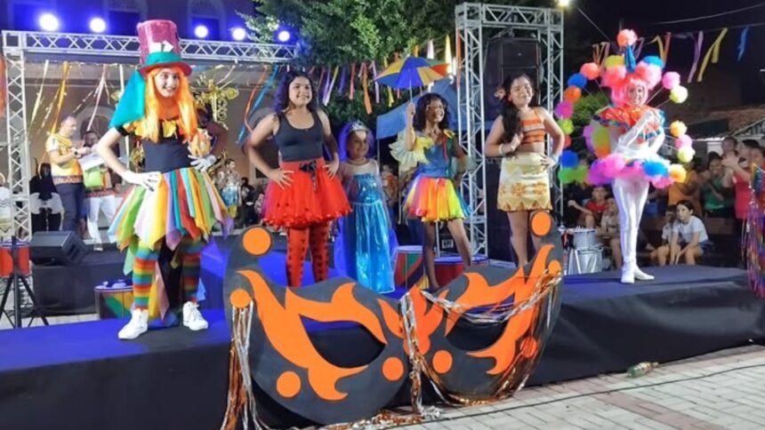 Crianças e adultos exibem fantasias coloridas no palco do 3º Concurso de Fantasias do Bloco Vai Quem Quer, na Praça Nossa Senhora do Ó, com grande presença do público.