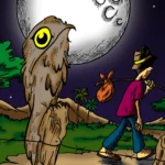 Ilustração da lenda da Mãe da Lua empoleirada em estaca à beira de estrada no sertão de Cascavel Ceará sob a lua cheia, associada ao folclore e tradição oral da região.