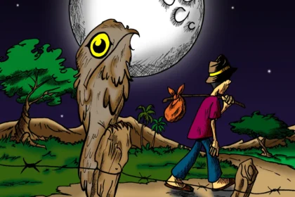 Ilustração da lenda da Mãe da Lua empoleirada em estaca à beira de estrada no sertão de Cascavel Ceará sob a lua cheia, associada ao folclore e tradição oral da região.