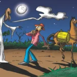 Ilustração da Visagem do Coaçu surgindo na estrada diante de um comboieiro em Cascavel.