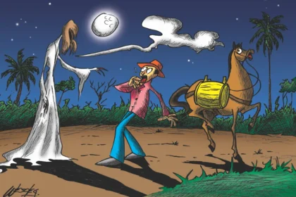 Ilustração da Visagem do Coaçu surgindo na estrada diante de um comboieiro em Cascavel.