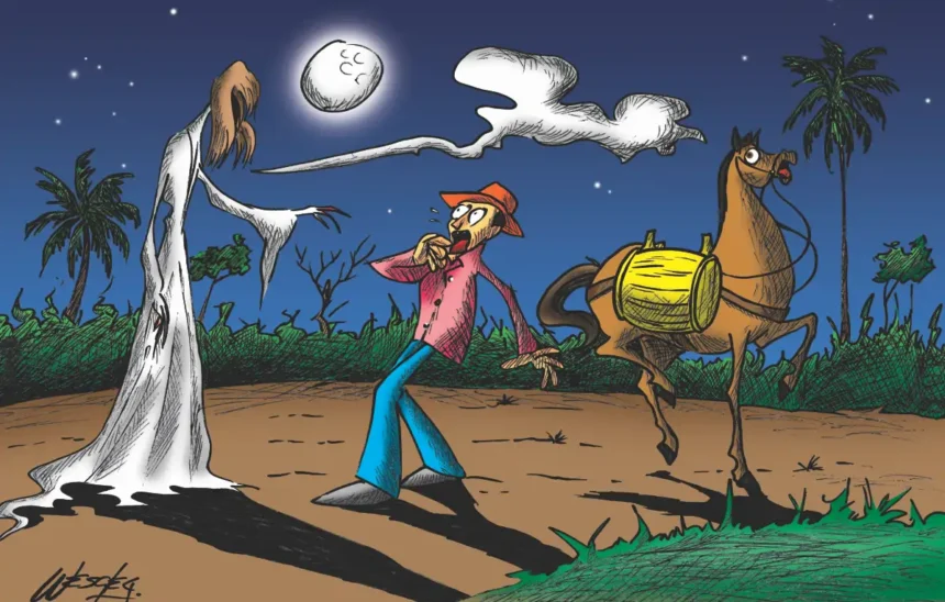 Ilustração da Visagem do Coaçu surgindo na estrada diante de um comboieiro em Cascavel.