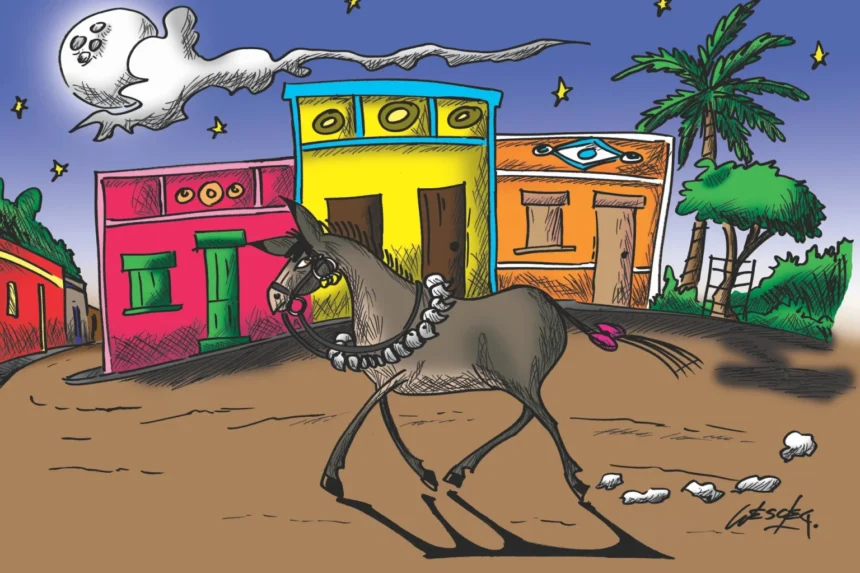 Ilustração da lenda da Burrinha de Padre caminhando em rua do sertão de Cascavel Ceará à noite, associada ao folclore e tradição oral da região