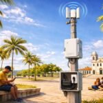 Poste com equipamento de Wi-Fi público instalado em praça arborizada, com pessoas usando celulares e tablets, simbolizando a expansão da internet gratuita em municípios do Ceará.