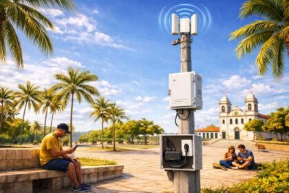 Poste com equipamento de Wi-Fi público instalado em praça arborizada, com pessoas usando celulares e tablets, simbolizando a expansão da internet gratuita em municípios do Ceará.