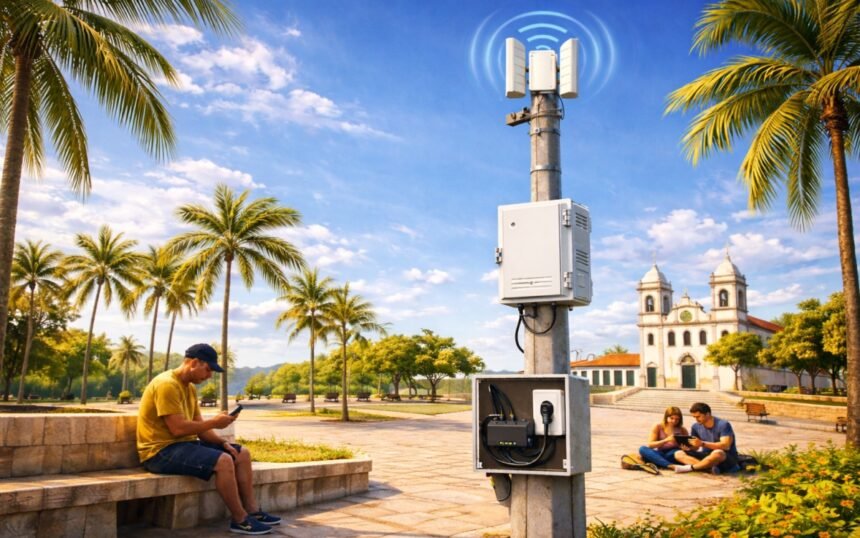 Poste com equipamento de Wi-Fi público instalado em praça arborizada, com pessoas usando celulares e tablets, simbolizando a expansão da internet gratuita em municípios do Ceará.