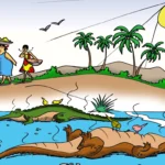 Ilustração de jacarés tomando sol no Rio Choró, associada à origem do nome Jacarecoara em Cascavel.