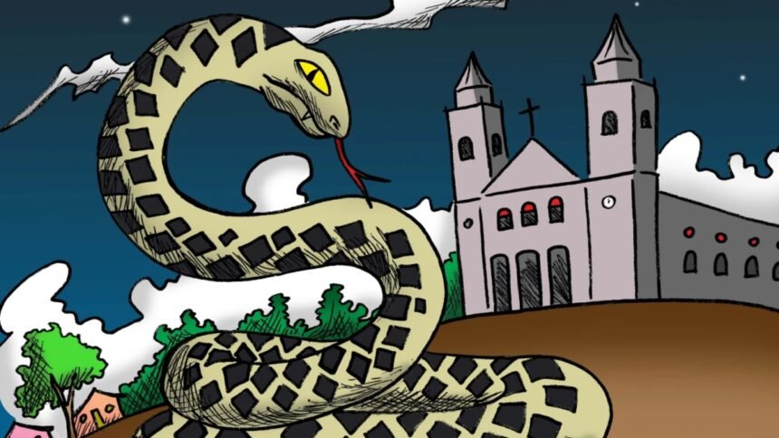 Ilustração da lenda da Serpente Gigante associada à tradição oral e ao imaginário popular de Cascavel.