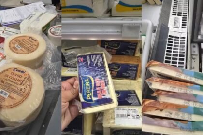 Queijos com data de validade vencida expostos à venda em supermercado de Fortaleza durante fiscalização do Procon Ceará.