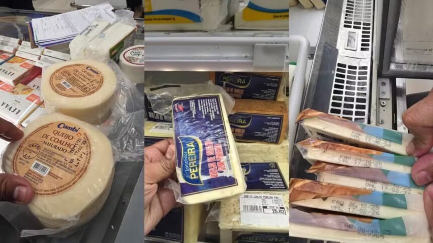 Queijos com data de validade vencida expostos à venda em supermercado de Fortaleza durante fiscalização do Procon Ceará.