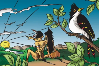 Ilustração da lenda do Rio Choró com casal indígena e pássaro choró às margens do rio em Cascavel.