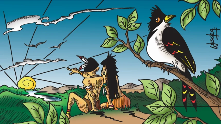 Ilustração da lenda do Rio Choró com casal indígena e pássaro choró às margens do rio em Cascavel.