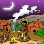 Ilustração do curumim Quiri e sua tribo na Serra da Mataquiri, conforme lenda tradicional de Cascavel.