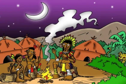 Ilustração do curumim Quiri e sua tribo na Serra da Mataquiri, conforme lenda tradicional de Cascavel.