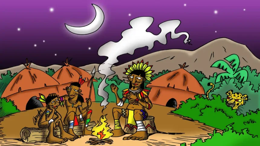 Ilustração do curumim Quiri e sua tribo na Serra da Mataquiri, conforme lenda tradicional de Cascavel.